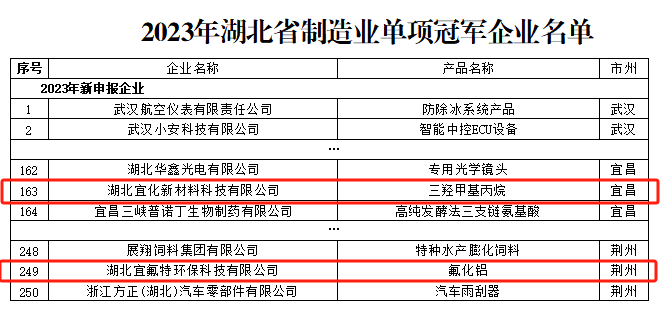 宜化新材料、宜氟特環(huán)保公司獲評2023年湖北省制造業(yè)單項冠軍企業(yè)